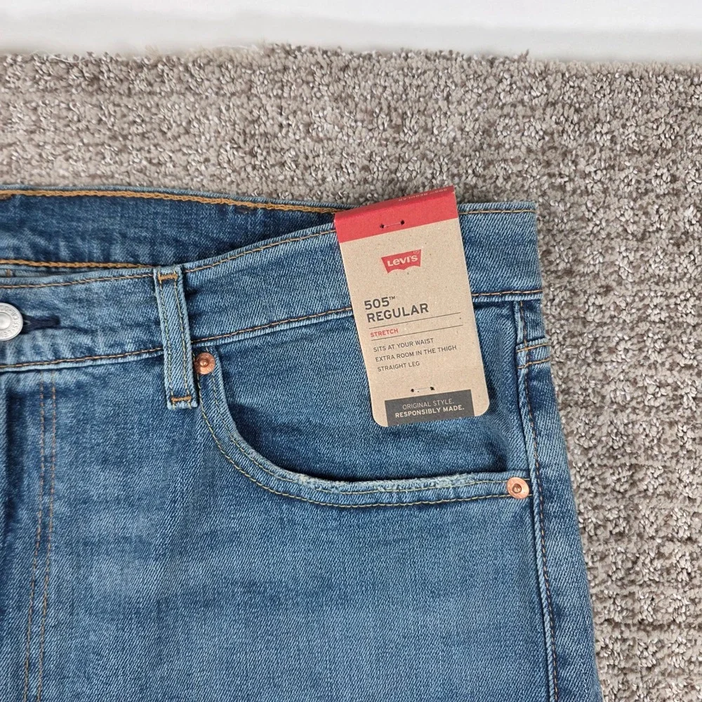 Levis 505 Regular Fit Straight Leg Stretch Blue Jeans Mens‎ 38x30 New NWT